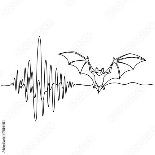 Minimalist oneline art of a flying bat connected to its echolocation sound wave pulse.