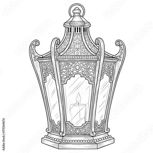 Intricately detailed vintage lantern with a glowing candle a black and white line art illustration.