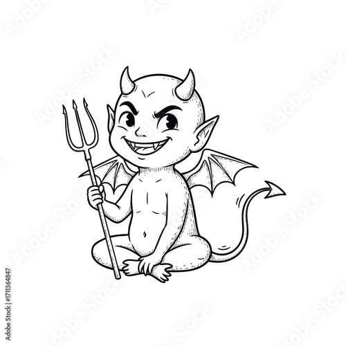 Mischievous cartoon baby devil with horns and a trident sitting in a black and white line art style.