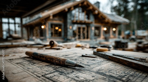 Blueprint with pencil in focus a wooden house in the background.