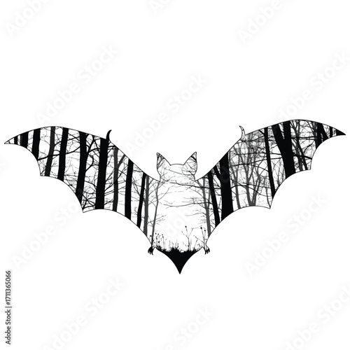 Monochrome bat silhouette with a double exposure effect of a dark leafless forest.