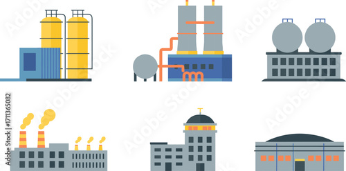 Industrial facility illustrations, manufacturing plants, oil storage tanks, power generation buildings, refinery structures,