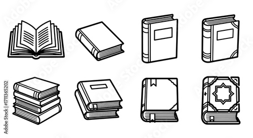 Book Collection Line Art Icons for Education and Reading, Isolated on White