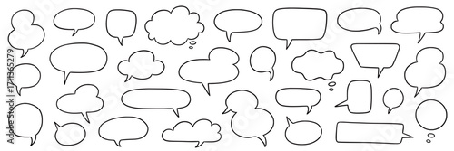 Speech bubble doodle talk set. Hand drawn comic doodle style dialog balloon, thought cloud speech bubble element pack. Cartoons speak of conversation elements. Vector illustration