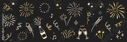 Fireworks new year set. Hand drawn vector elements with doodle golden confetti, firecracker and festive sparkle for birthday, party, or new year celebration. Gold firework vector illustration