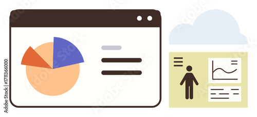 Browser window displays a pie chart and text, accompanied by an analytics panel with person icon, line graph, and text. Ideal for data analysis, reports, business, statistics, insights
