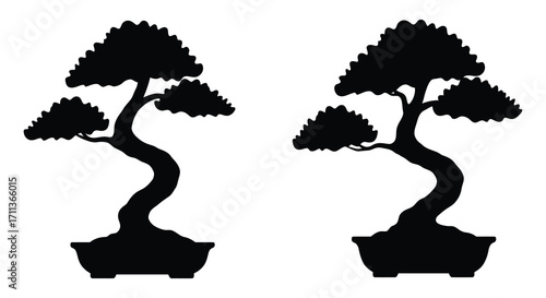 Two detailed black silhouettes of japanese bonsai trees in pots