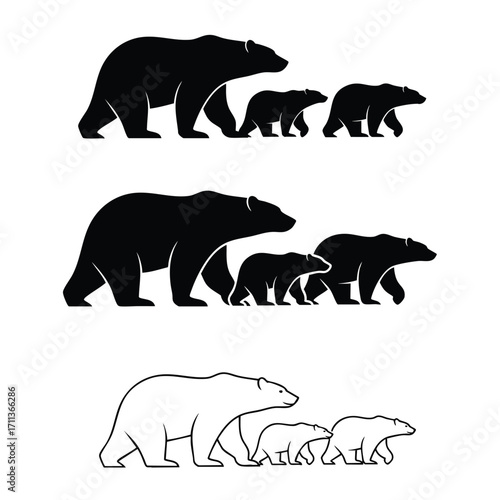 Set of walking polar bear family silhouettes and line art with a mother bear and two cubs.