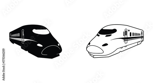 A striking black and white illustration of modern high speed train designs