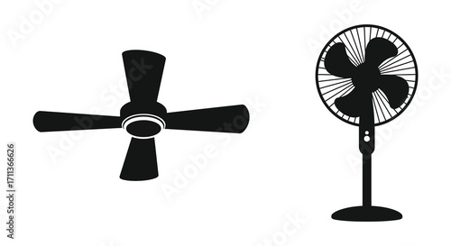 Black and white illustration of a ceiling and pedestal fan