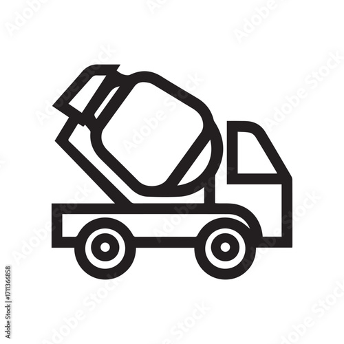 Concrete Mixer Truck Icon, Construction Vehicle Outline Style Isolated on White