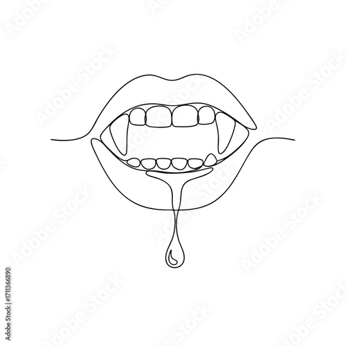 Vampire mouth with sharp fangs and a dripping lip in a continuous oneline art style.