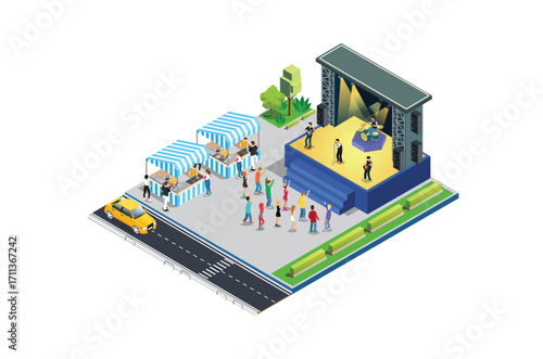 Illustration Music Festival Concept 3d Isometric View Concert Party Elements Landscape Background and Stage. Vector illustration of Musical Event