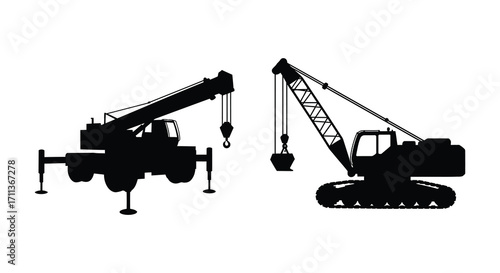 Two black silhouettes of construction cranes with differing track designs