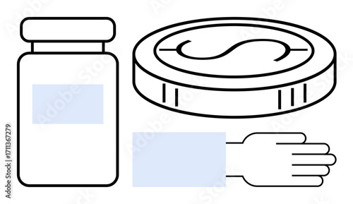 Hand reaching toward a pill bottle and large round medicine tablet, representing healthcare, drug prescription, wellness, self-treatment, patient care, pharmacy services, and health remedies. Simple