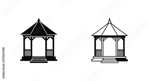 Two black and white illustrations of ornate outdoor gazebo structures