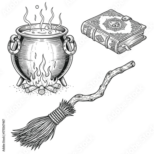Vintage black and white illustration set of witchs tools a bubbling cauldron a magic spellbook and a flying broomstick.