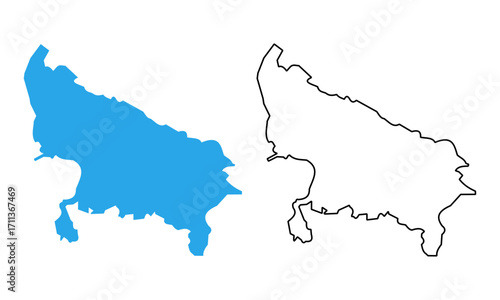 Map of the state of Uttar Pradesh, India. Map with detailed outlines and blue silhouettes