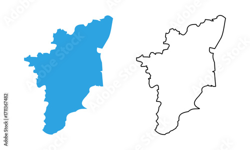 Map of the state of Tamil Nadu, India. Map with detailed outlines and blue silhouettes