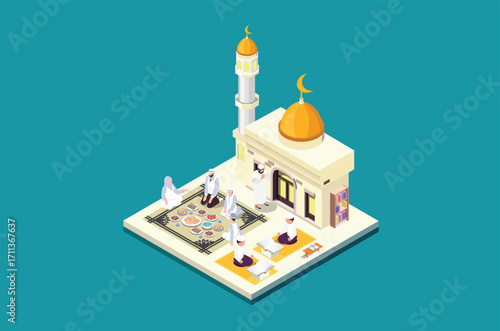 Illustration Praying in islam isometric composition with religious leader and muslims on mats on white background vector illustration, Suitable for Diagrams, Infographics, Book Illustration