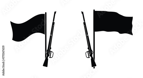 Black flags and rifles depicted in a stark monochromatic silhouette style