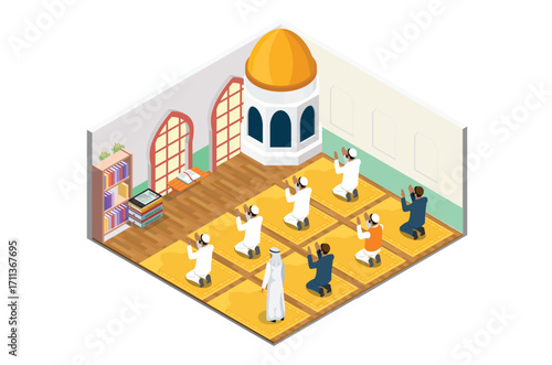 Illustration Praying in islam isometric composition with religious leader and muslims on mats on white background vector illustration, Suitable for Diagrams, Infographics, Book Illustration