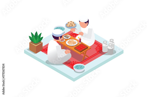 Isometric illustration ramadan kareem eating foody.  with food and drinks on the table. Suitable for Diagrams, Infographics, Book Illustration , Infographics, And Other Graphic asset