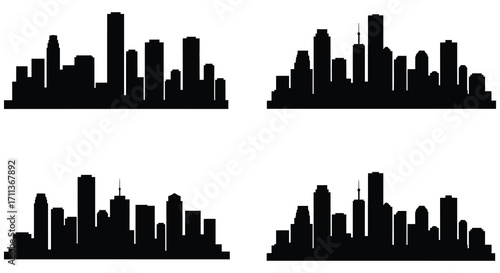 Four black silhouette cityscapes arranged on a clean white background