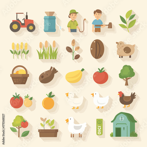 Vibrant farm icons showcase harvest bounty, adorable animals, and agricultural tools for engaging designs
