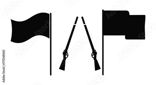 Black flags with crossed rifles represent surrender or a solemn occasion
