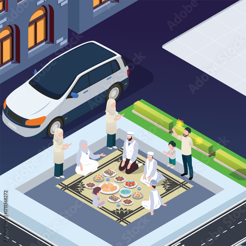 3d illustration ramadan kareem eating with family.happy family is iftar together, with food and drinks on the table lit by lanterns.  Suitable for Diagrams, Infographics, Book Illustration