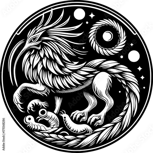Minimalist black and white vector icon of mythological animal, clean lines, modern, scalable, isolated for creative or digital use