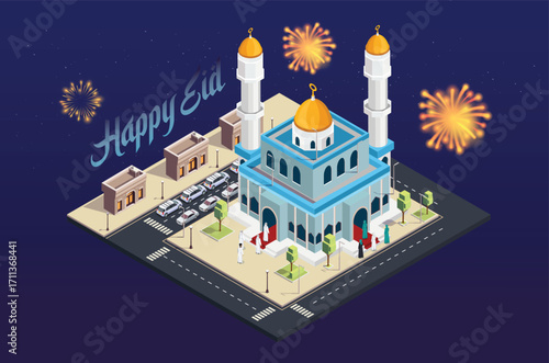 3d illustration ramadan kareem eating with family. in 
sidewalk with food and drinks on the table lit by lanterns. Suitable for Diagrams, Infographics, Book Illustration