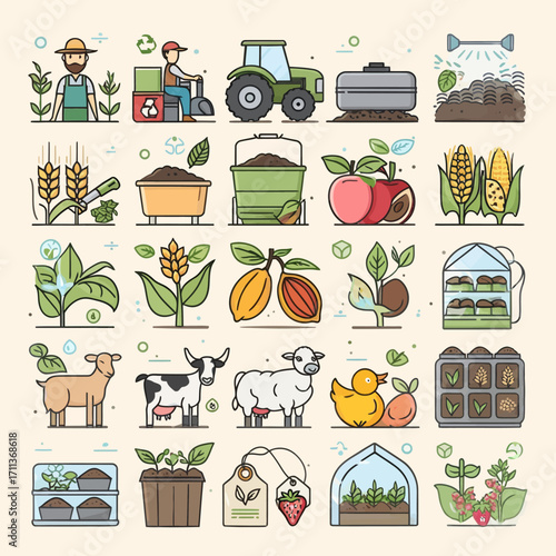 Vibrant farm icons depict agriculture, healthy food, and sustainable practices for modern designs.
