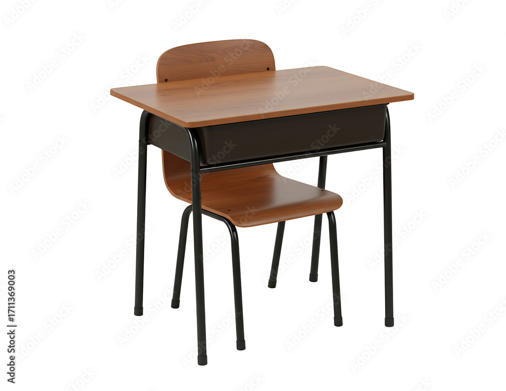 Fototapeta premium Vintage wooden school desk and chair isolated on transparent background