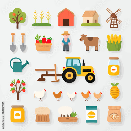 Vibrant farm icons depict agricultural life, from farmer and tractor to harvest and livestock
