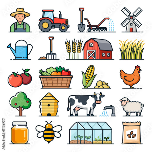 Vibrant farm icons depict agricultural life, from farmer and tractor to harvest and livestock
