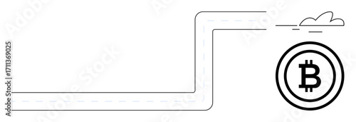 Curved path leading to bitcoin icon, accompanied by a cloud element. Ideal for finance, technology, investment, cryptocurrency, innovation, blockchain and global connectivity. Simple flat metaphor