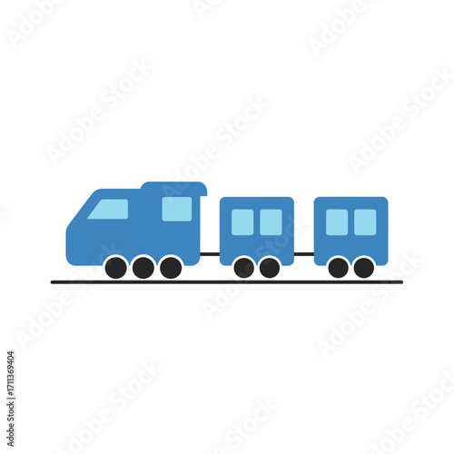 Blue cartoon train with two cars on a track.