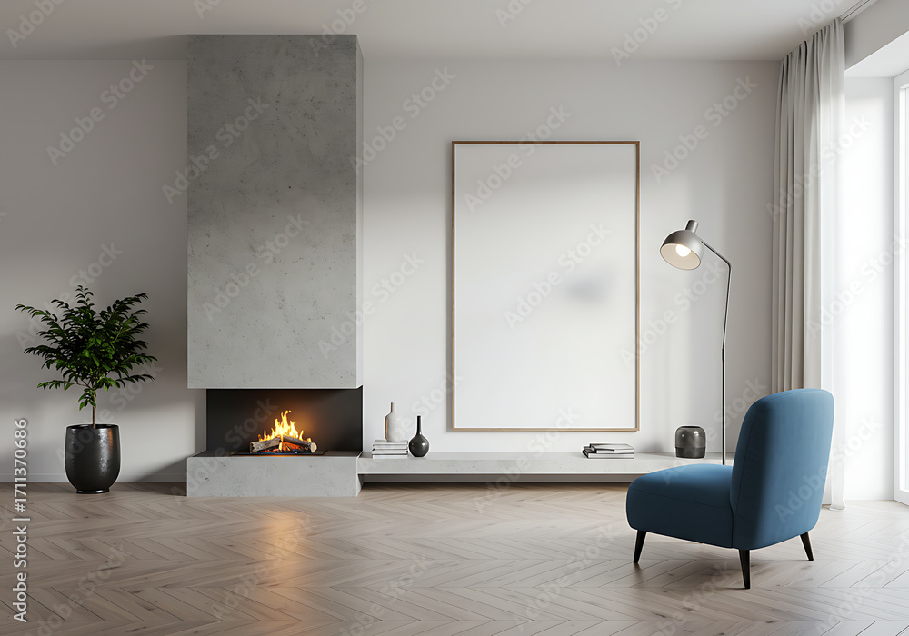Fototapeta premium Modern minimalist living room with a concrete fireplace, a blank poster frame mockup, and a blue armchair.
