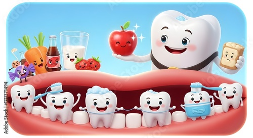Cartoon teeth in mouth with various foods and dental hygiene items against a blue background sky