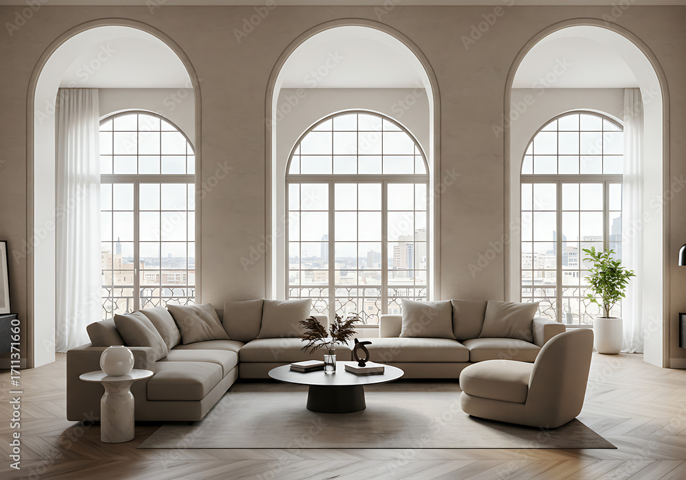 Fototapeta premium Spacious and elegant living room interior with a large beige sectional sofa and three grand arched windows.