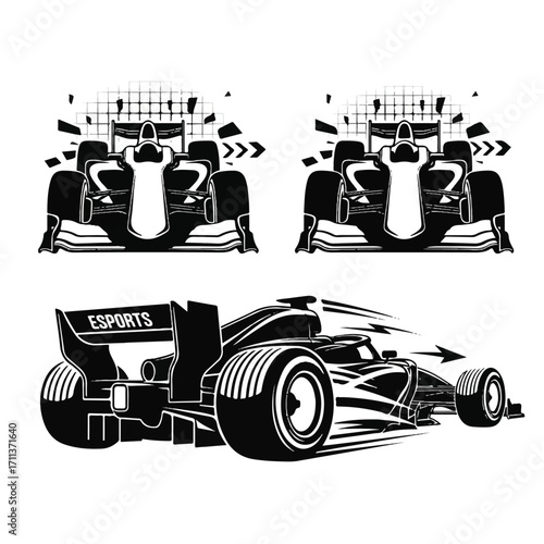 Black and white graphic illustrations of a high-speed Formula 1 race car, including front and dynamic side views with 'ESPORTS' branding.