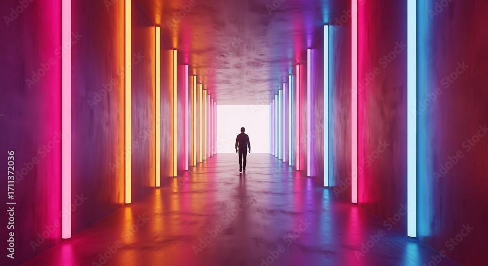 Fototapeta premium Neon Corridor Journey of a Person.