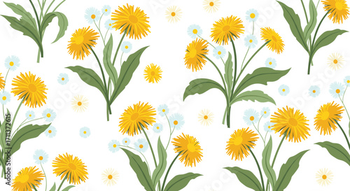 A charming pattern featuring bright yellow dandelions with delicate white blossoms and lush green leaves creating a cheerful spring or summer meadow.