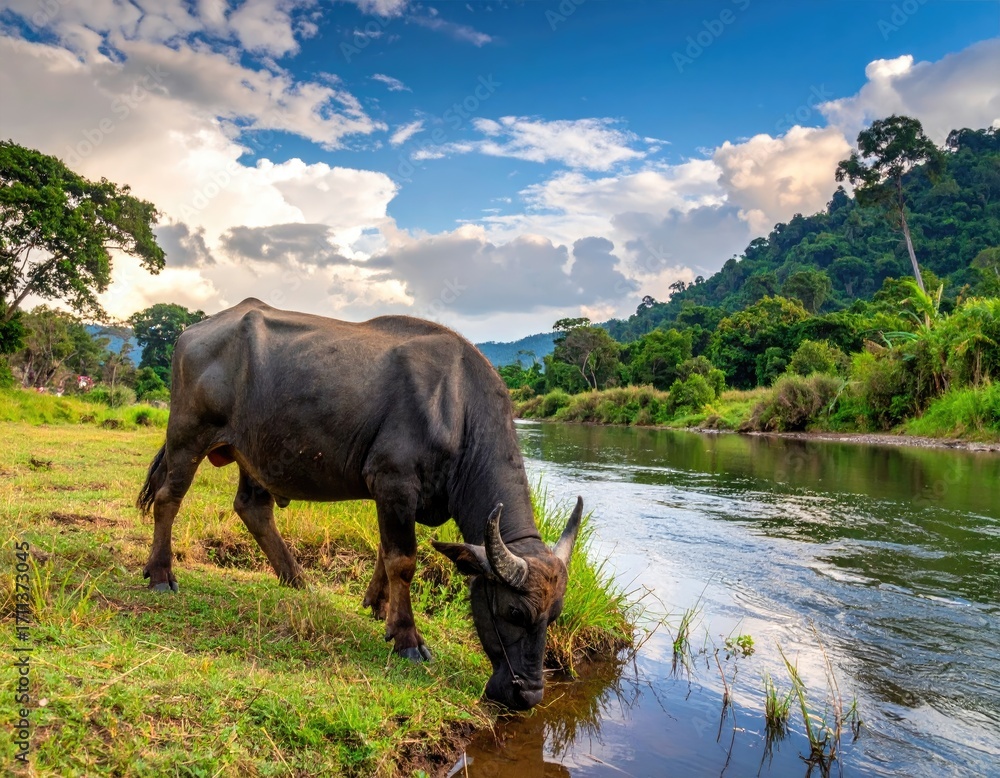 Fototapeta premium Asian Water Buffalo Drinking in Tranquil River Scenery with Lush Green Hills and Cloudy Blue Sky in Thailand