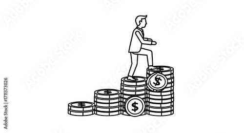 Line Art Illustration of Businessman Climbing Steps of Money, Vector Clip Art
