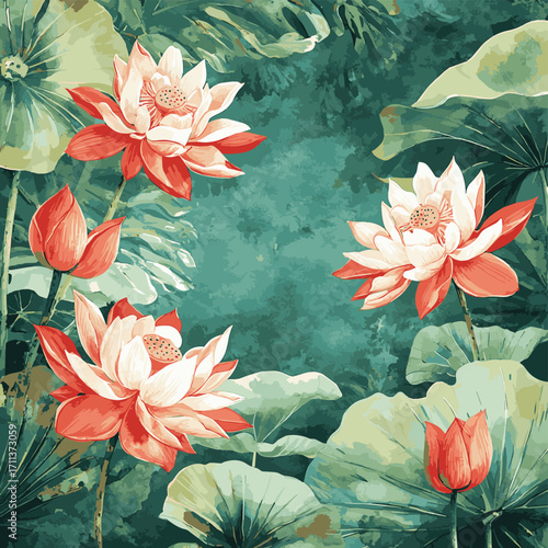 Tropical Forest Scene With Lotus Flowers And Banana Leaf. Exotic Wall Mural. Watercolor Art of a Tropical Forest with Lotus and Bird of Paradise. , vector style simple color