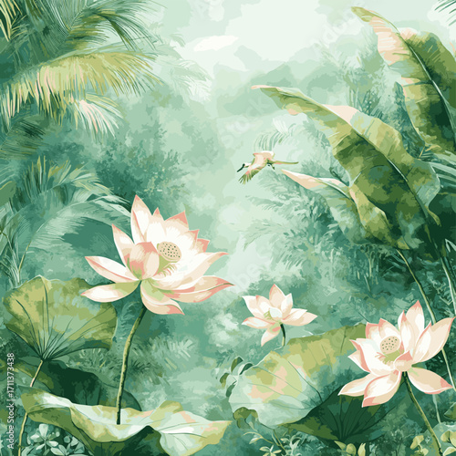 Tropical Forest Scene With Lotus Flowers And Banana Leaf. Exotic Wall Mural. Watercolor Art of a Tropical Forest with Lotus and Bird of Paradise. , vector style simple color