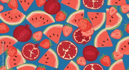 A vibrant and juicy collection of watermelon slices strawberries and pomegranates.